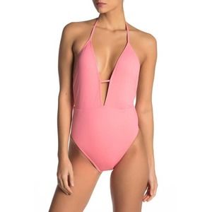 The Bikini Lab pink plunge shirred one piece